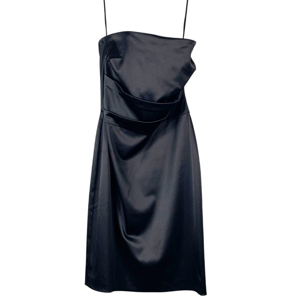 WHBM Women's Black Satin Strapless Dress Size 8 Rouching Knee Length LBD GUC